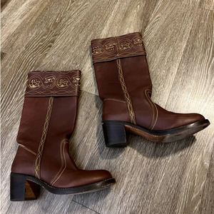 FRYE Bohemian Stitched Embroidered Brown Leather Tall Campus Boots Size 10
